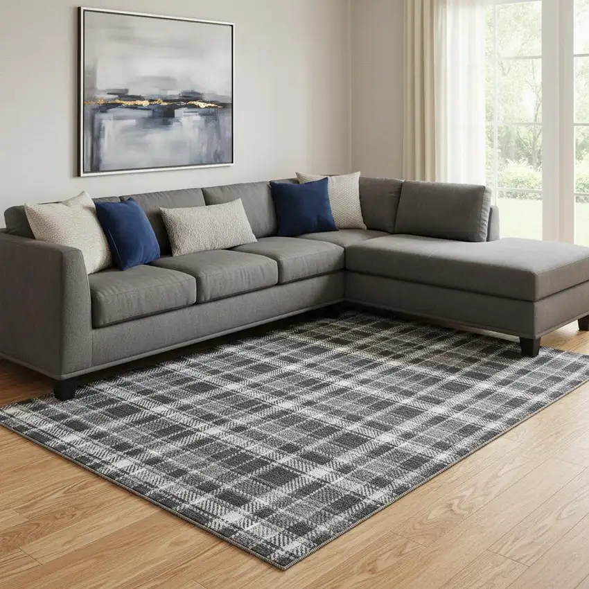 Black And Ivory Plaid Washable Area Rug With UV Protection Photo 1