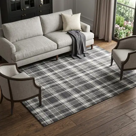 Black And Ivory Plaid Washable Area Rug With UV Protection Photo 1