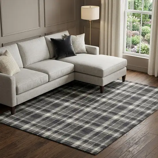 Black And Ivory Plaid Washable Area Rug With UV Protection Photo 1