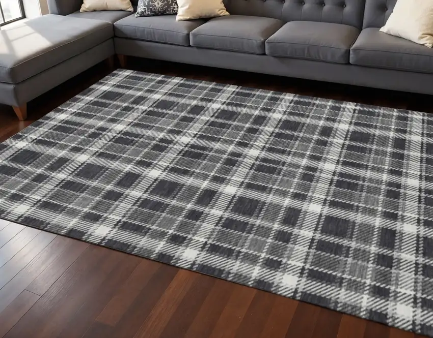 Black And Ivory Plaid Washable Area Rug With UV Protection Photo 2