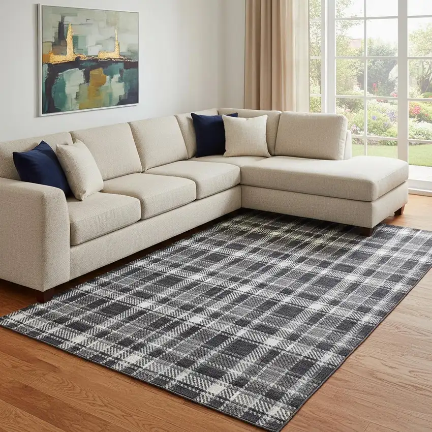 Black And Ivory Plaid Washable Area Rug With UV Protection Photo 1