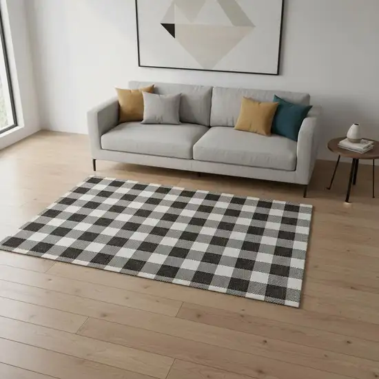Black And Ivory Plaid Washable Area Rug With UV Protection Photo 2