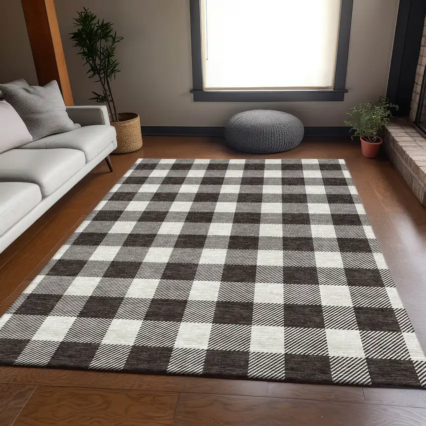 Black And Ivory Plaid Washable Area Rug With UV Protection Photo 5