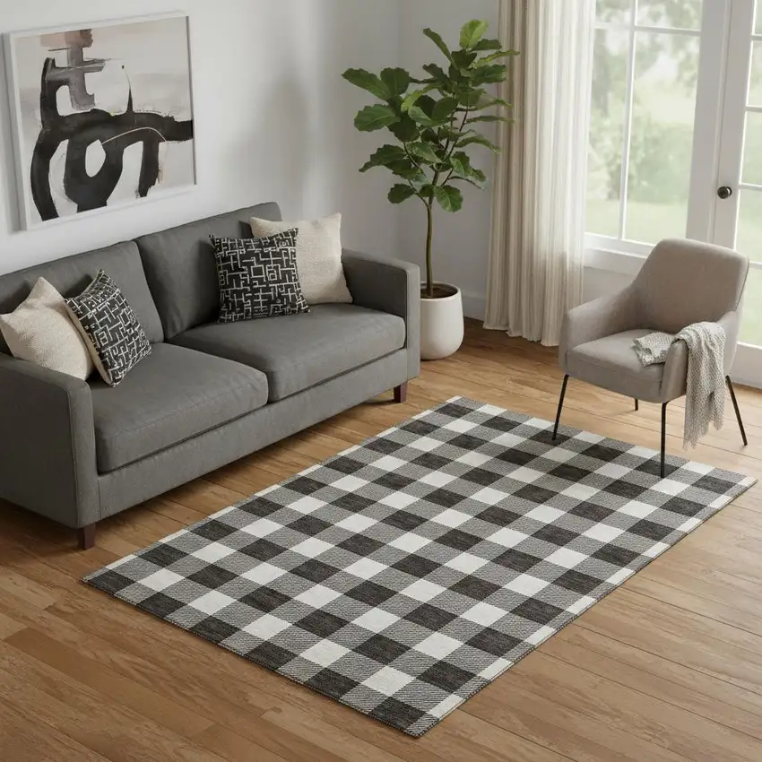 Black And Ivory Plaid Washable Area Rug With UV Protection Photo 1