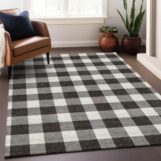 Black And Ivory Plaid Washable Area Rug With UV Protection Photo 4