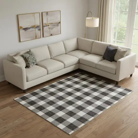 Black And Ivory Plaid Washable Area Rug With UV Protection Photo 1