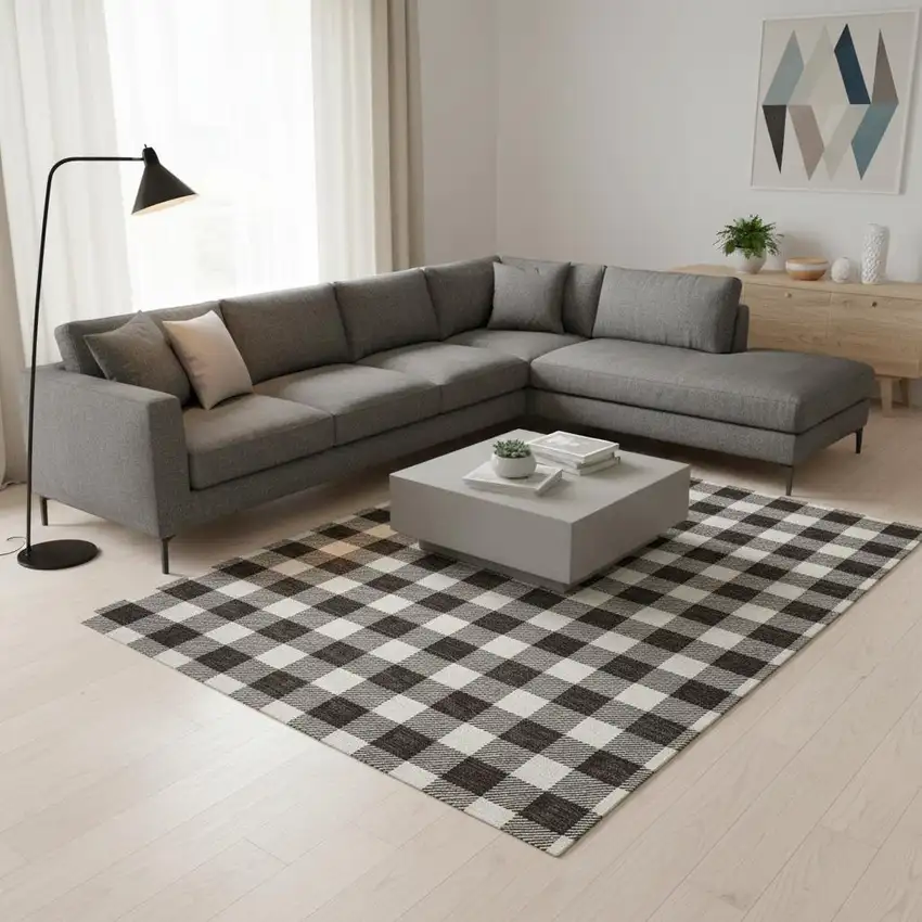 Black And Ivory Plaid Washable Area Rug With UV Protection Photo 2