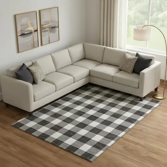 Black And Ivory Plaid Washable Area Rug With UV Protection Photo 1