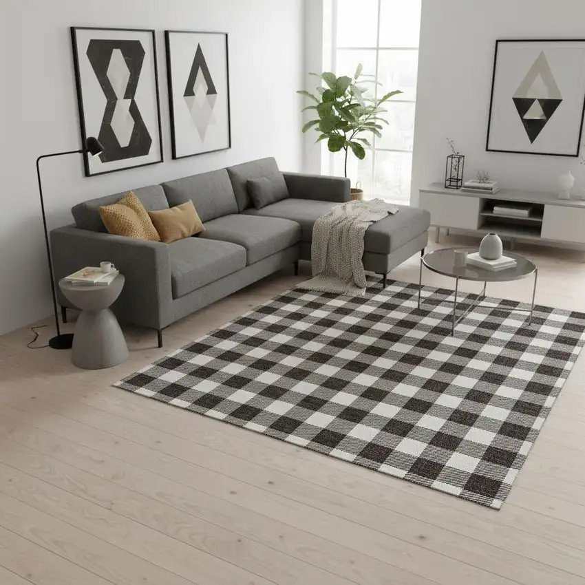 Black And Ivory Plaid Washable Area Rug With UV Protection Photo 2