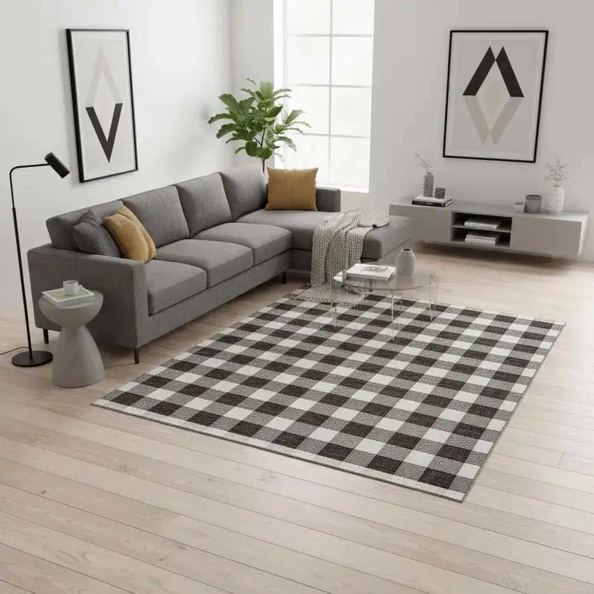 Black And Ivory Plaid Washable Area Rug With UV Protection Photo 2
