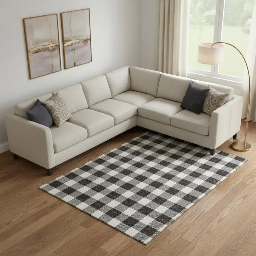 Black And Ivory Plaid Washable Area Rug With UV Protection Photo 1