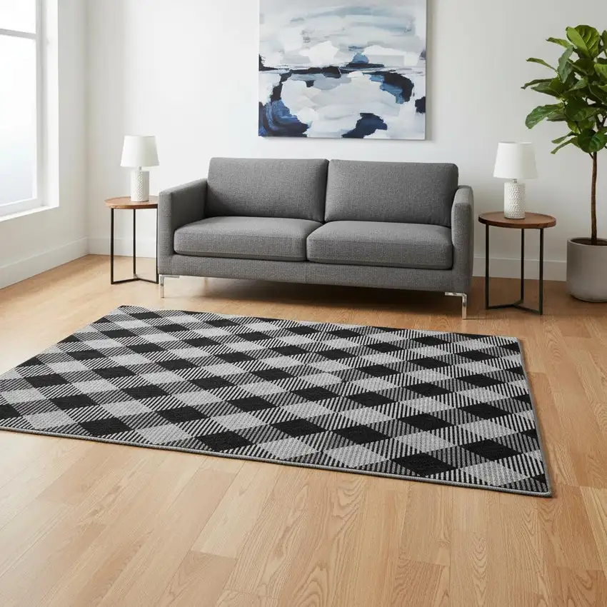 Black And Ivory Plaid Washable Area Rug With UV Protection Photo 2