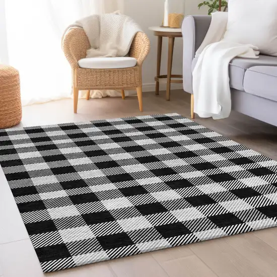 Black And Ivory Plaid Washable Area Rug With UV Protection Photo 2