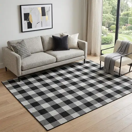 Black And Ivory Plaid Washable Area Rug With UV Protection Photo 1