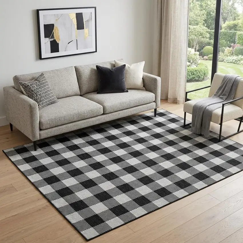 Black And Ivory Plaid Washable Area Rug With UV Protection Photo 1