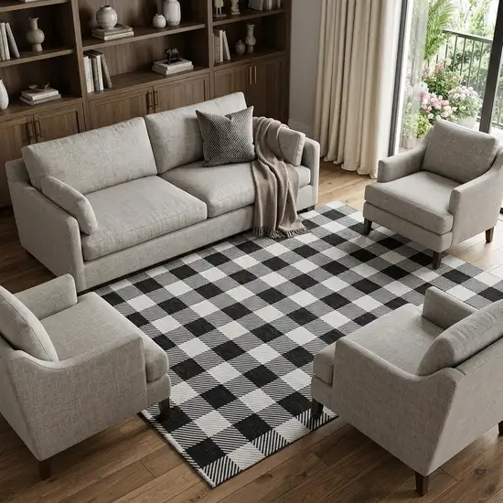 Black And Ivory Plaid Washable Area Rug With UV Protection Photo 1