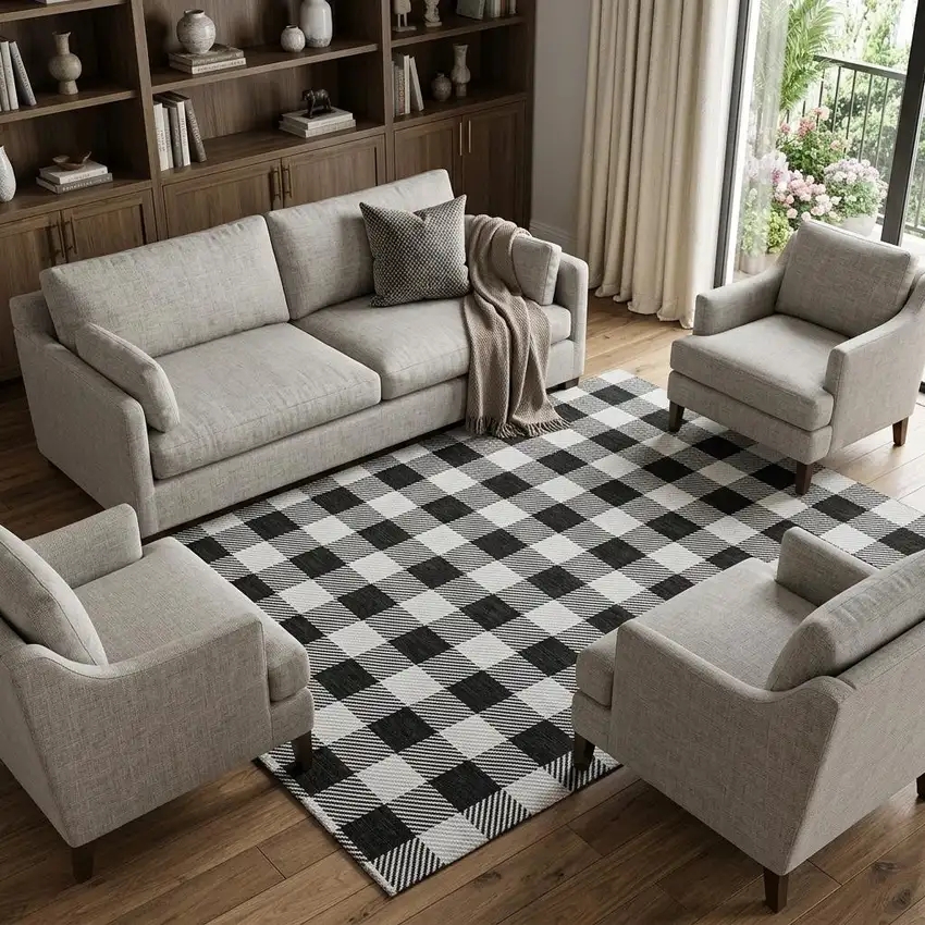 Black And Ivory Plaid Washable Area Rug With UV Protection Photo 1