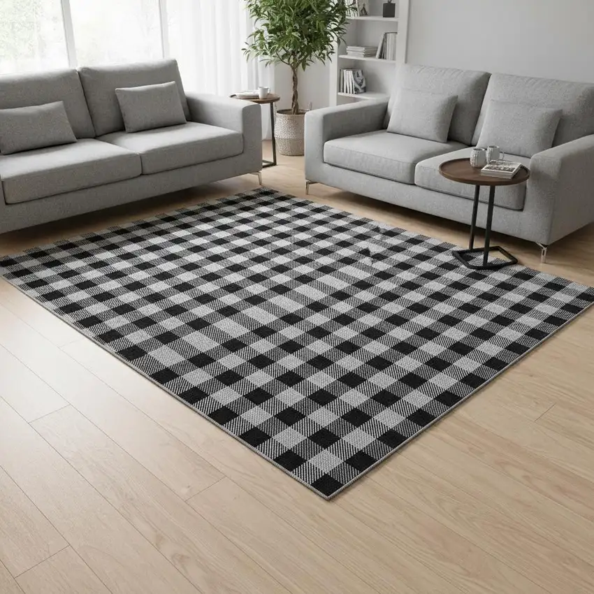 Black And Ivory Plaid Washable Area Rug With UV Protection Photo 2