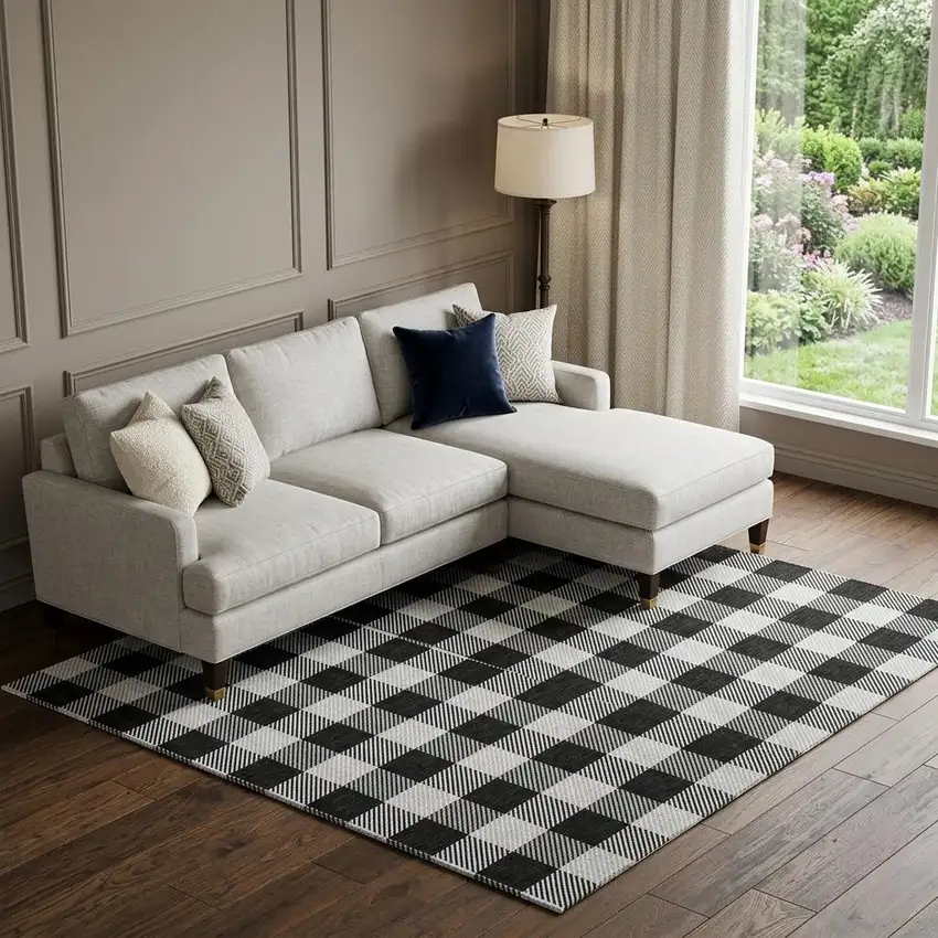 Black And Ivory Plaid Washable Area Rug With UV Protection Photo 1