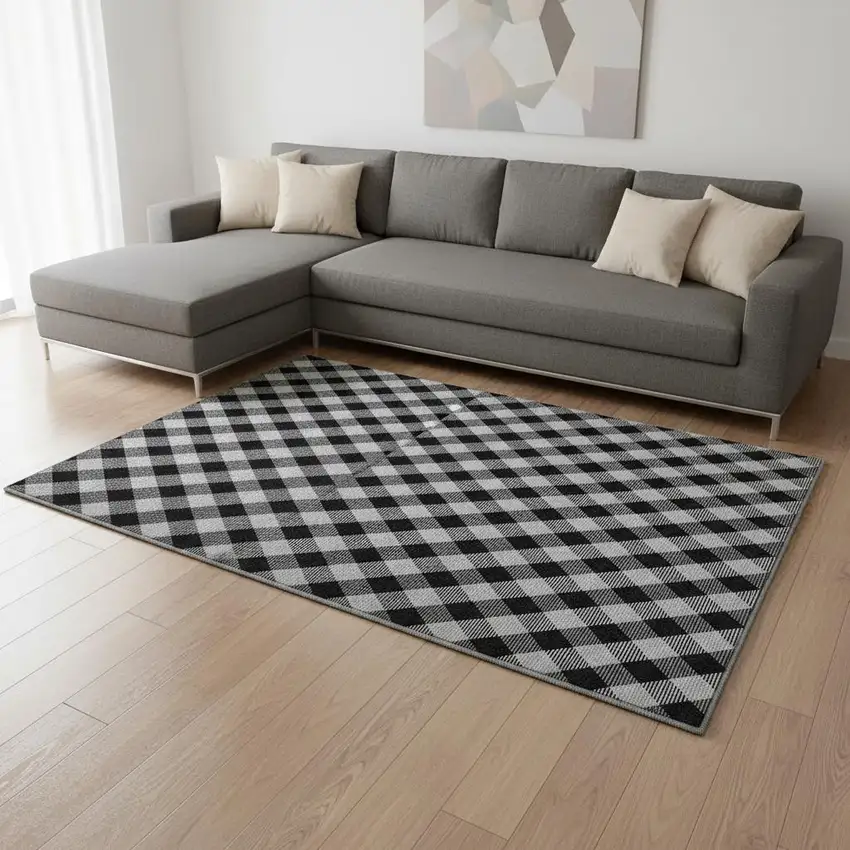 Black And Ivory Plaid Washable Area Rug With UV Protection Photo 2
