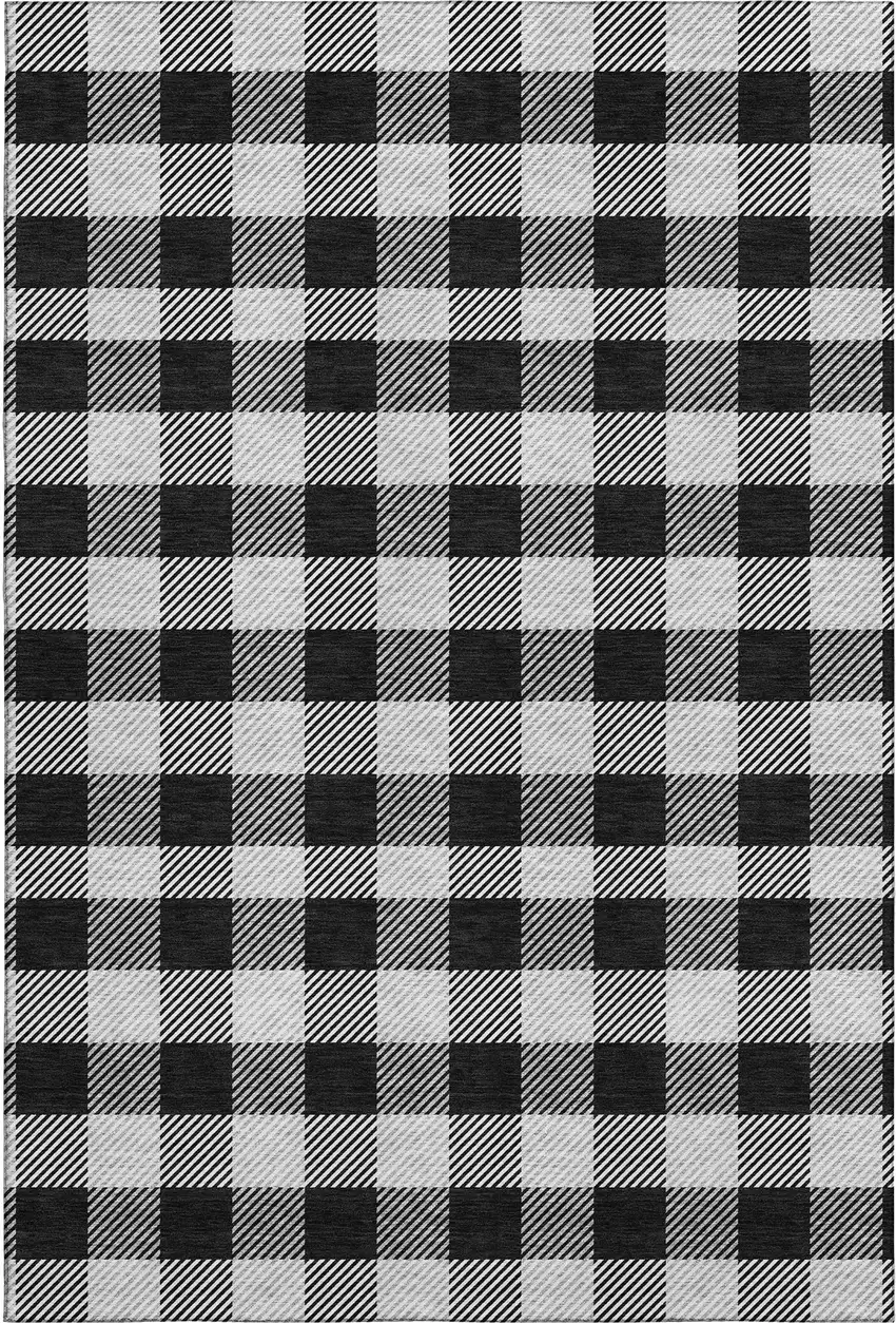 Black And Ivory Plaid Washable Area Rug With UV Protection Photo 4