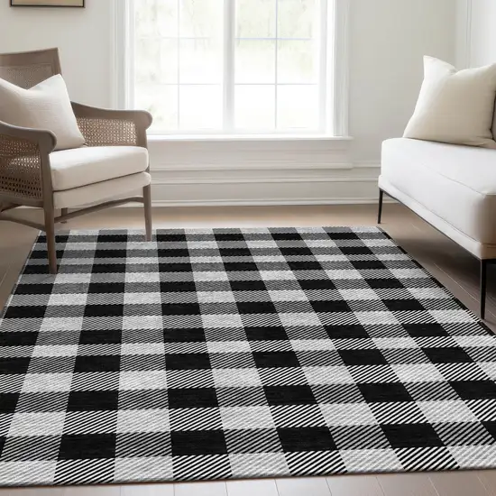 Black And Ivory Plaid Washable Area Rug With UV Protection Photo 4