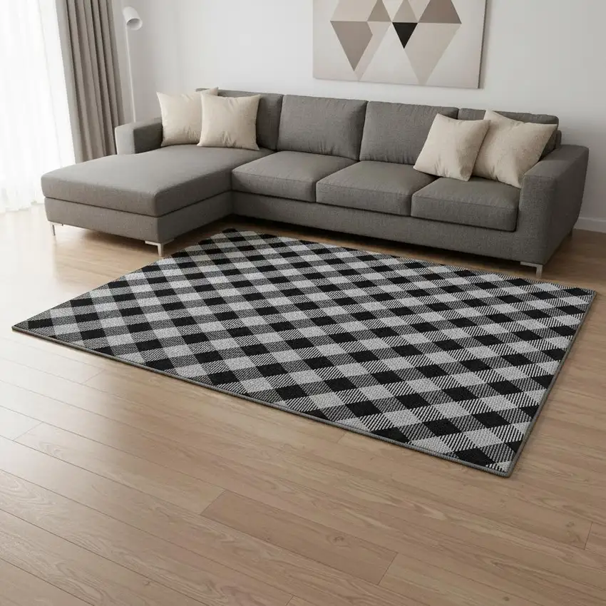 Black And Ivory Plaid Washable Area Rug With UV Protection Photo 2