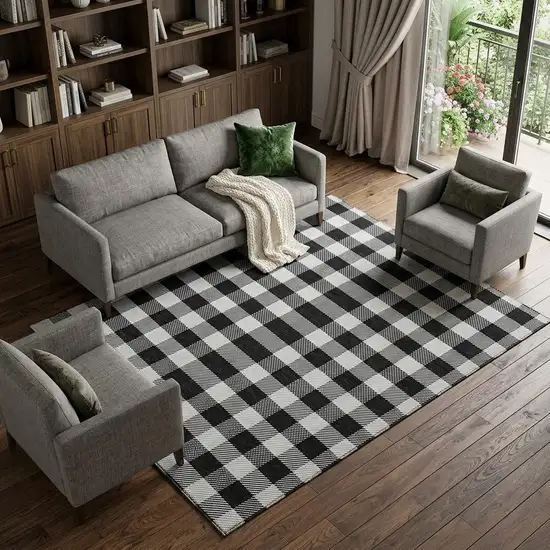 Black And Ivory Plaid Washable Area Rug With UV Protection Photo 1
