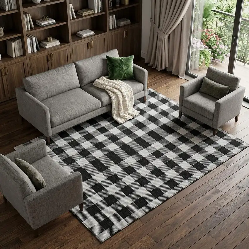 Black And Ivory Plaid Washable Area Rug With UV Protection Photo 1