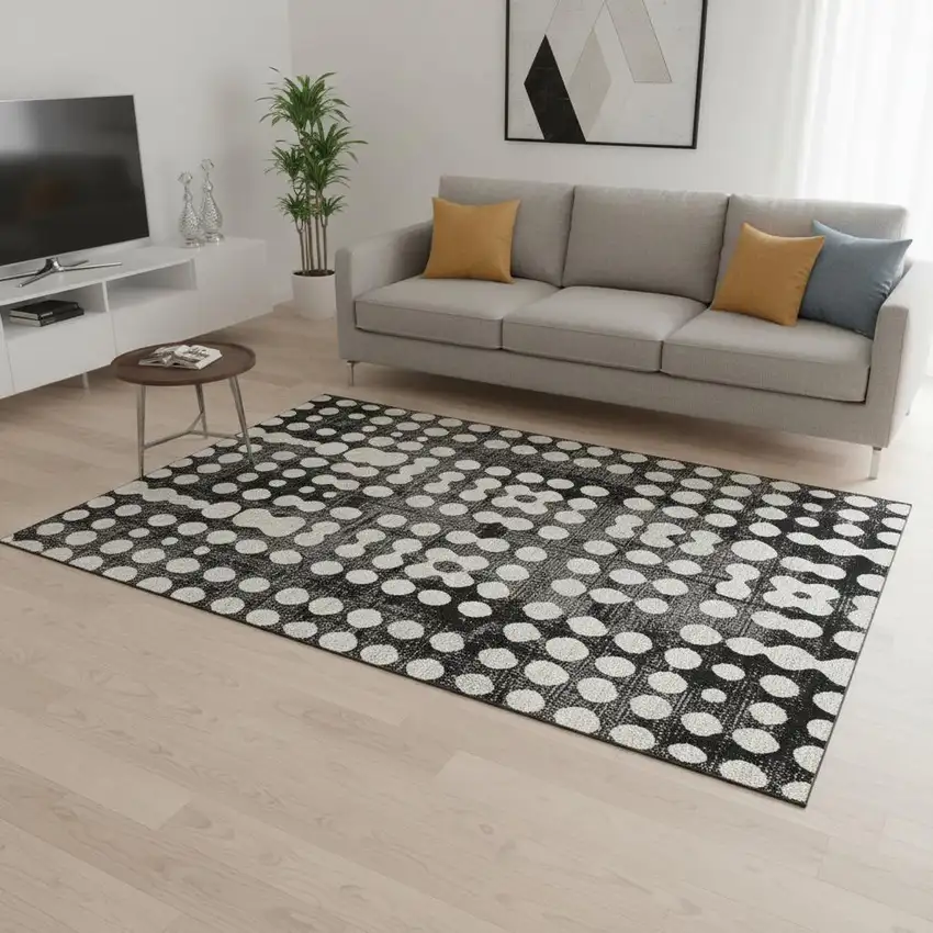 Black And Ivory Polka Dot Washable Area Rug With UV Protection Photo 2