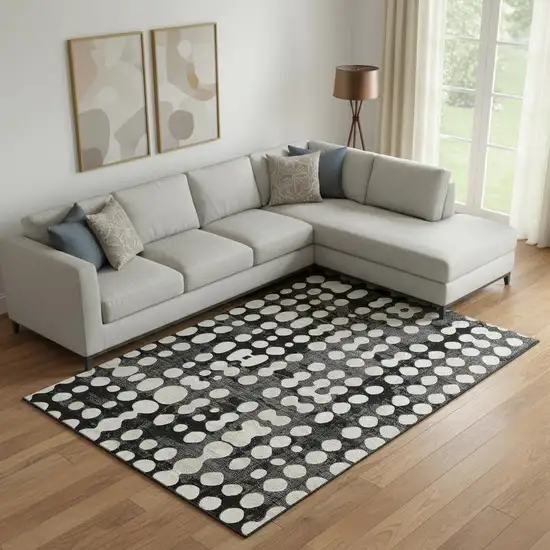 Black And Ivory Polka Dot Washable Area Rug With UV Protection Photo 1