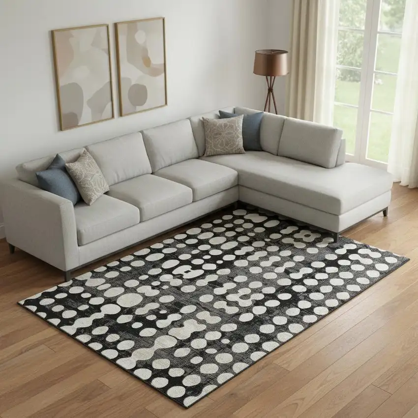 Black And Ivory Polka Dot Washable Area Rug With UV Protection Photo 1