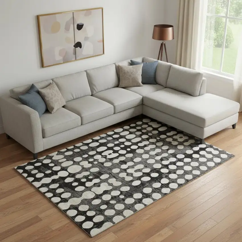 Black And Ivory Polka Dot Washable Area Rug With UV Protection Photo 1