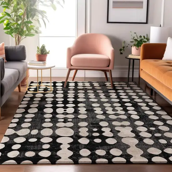Black And Ivory Polka Dot Washable Area Rug With UV Protection Photo 5