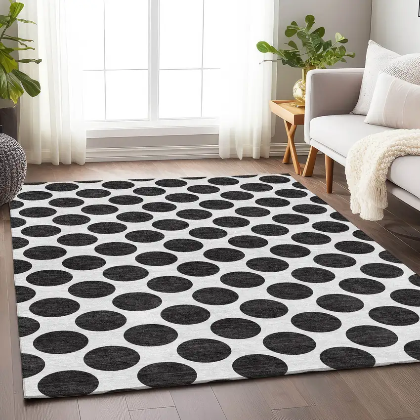Black And Ivory Polka Dot Washable Area Rug With UV Protection Photo 4