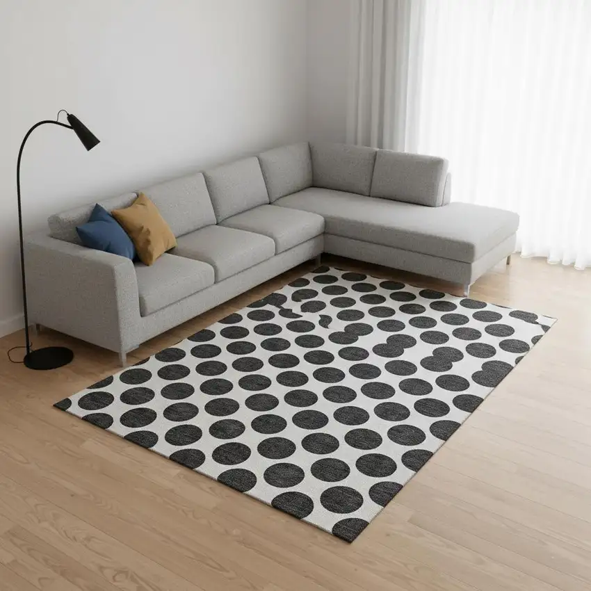 Black And Ivory Polka Dot Washable Area Rug With UV Protection Photo 2
