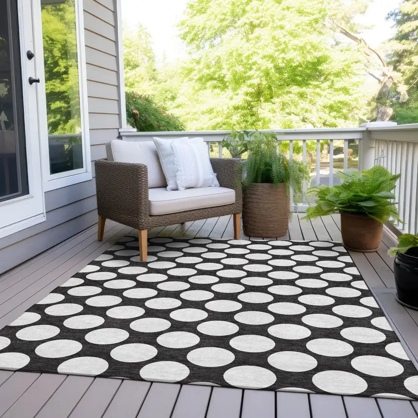 Black And Ivory Polka Dot Washable Indoor Outdoor Area Rug Photo 9