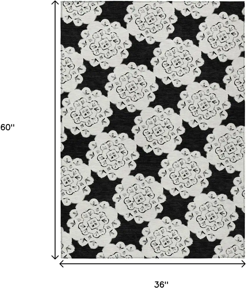 Black And Ivory Quatrefoil Washable Indoor Outdoor Area Rug Photo 3
