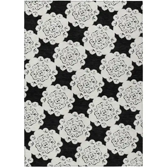 Black And Ivory Quatrefoil Washable Indoor Outdoor Area Rug Photo 2