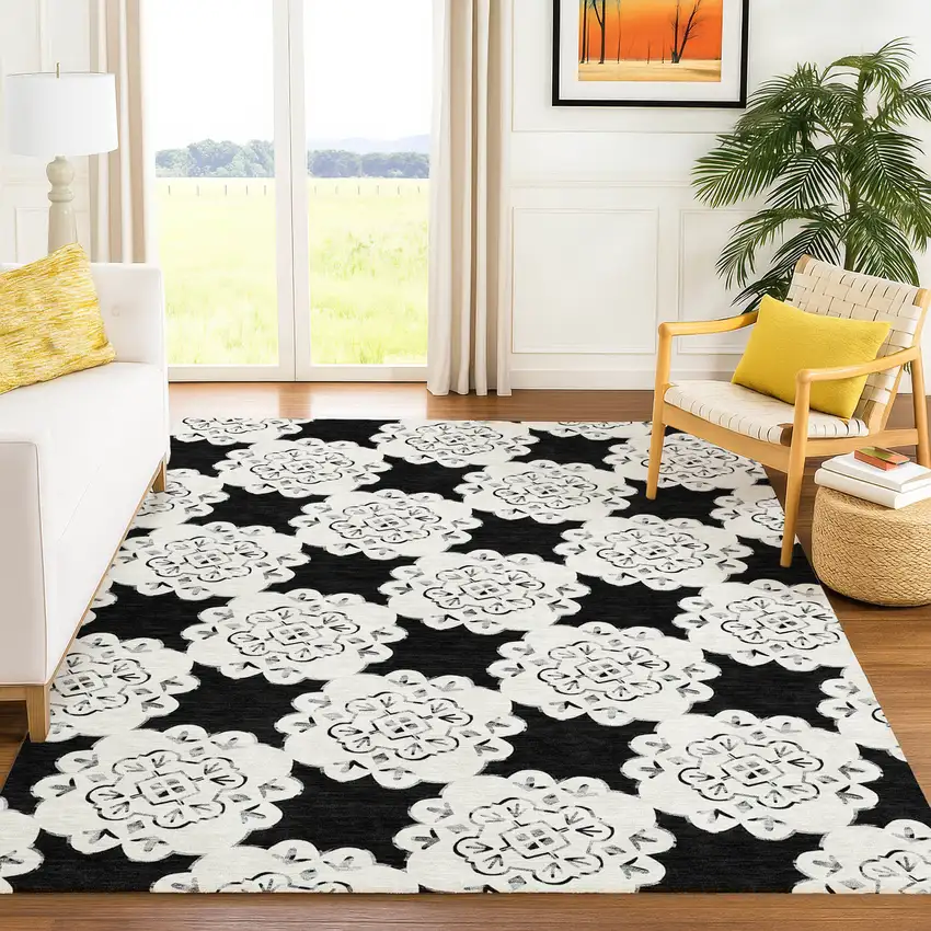 Black And Ivory Quatrefoil Washable Indoor Outdoor Area Rug Photo 9