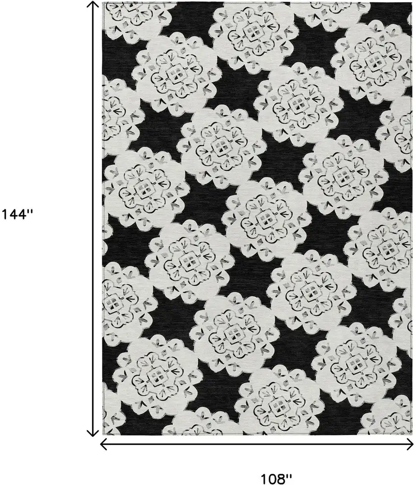 Black And Ivory Quatrefoil Washable Indoor Outdoor Area Rug Photo 3