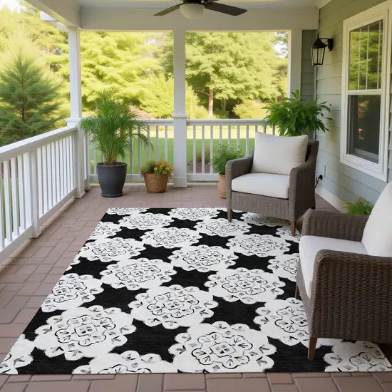 Black And Ivory Quatrefoil Washable Indoor Outdoor Area Rug Photo 9