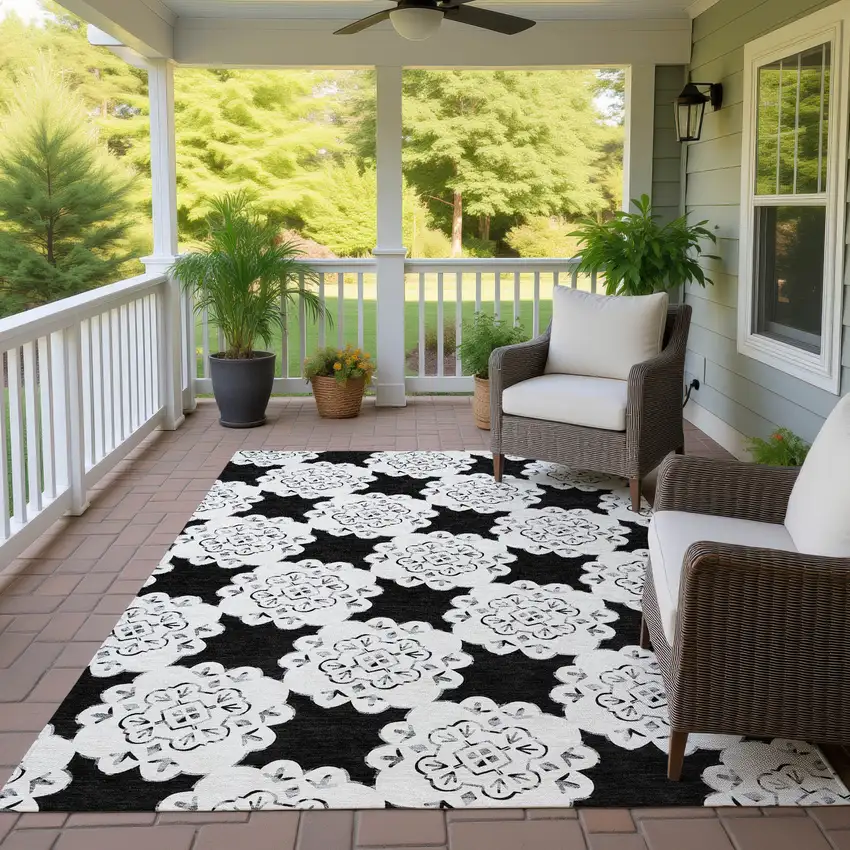 Black And Ivory Quatrefoil Washable Indoor Outdoor Area Rug Photo 9