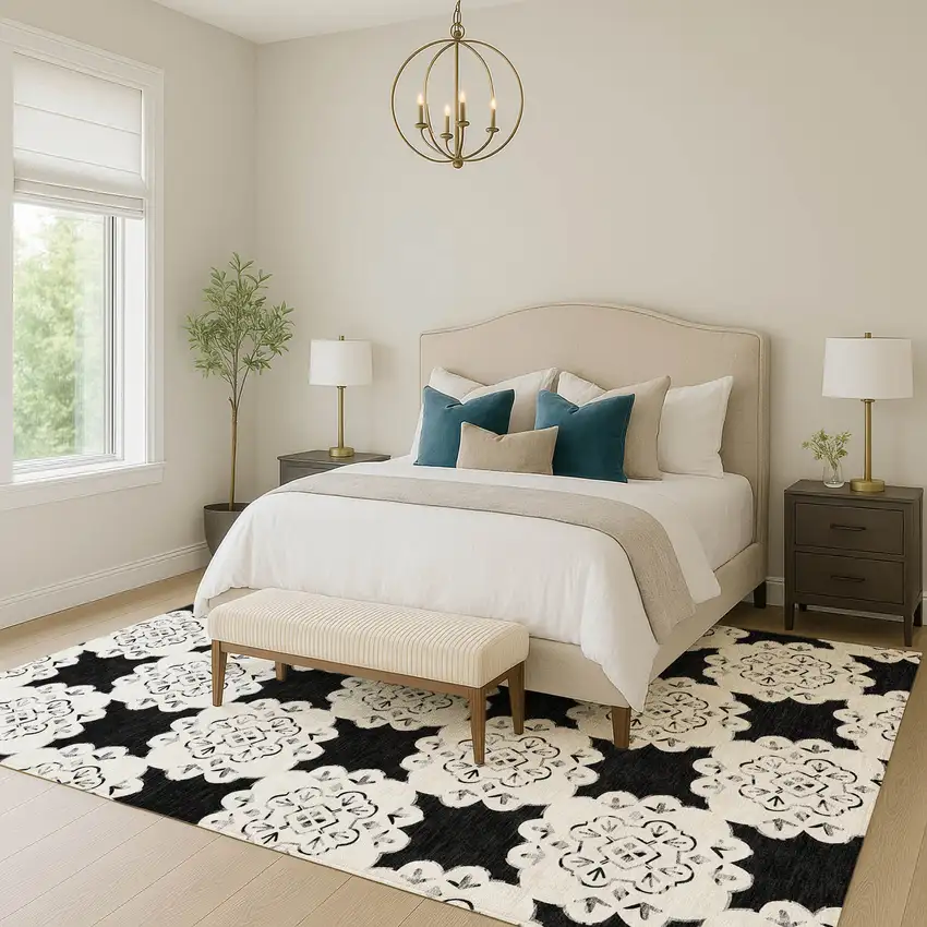 Black And Ivory Quatrefoil Washable Indoor Outdoor Area Rug Photo 7