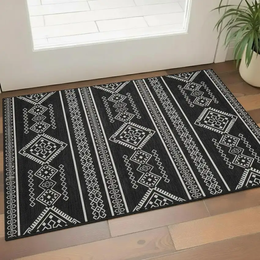 Black And Ivory Southwestern Washable Area Rug With UV Protection Photo 1