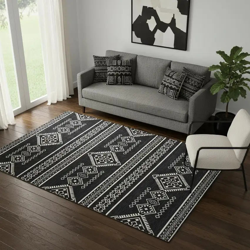 Black And Ivory Southwestern Washable Area Rug With UV Protection Photo 1