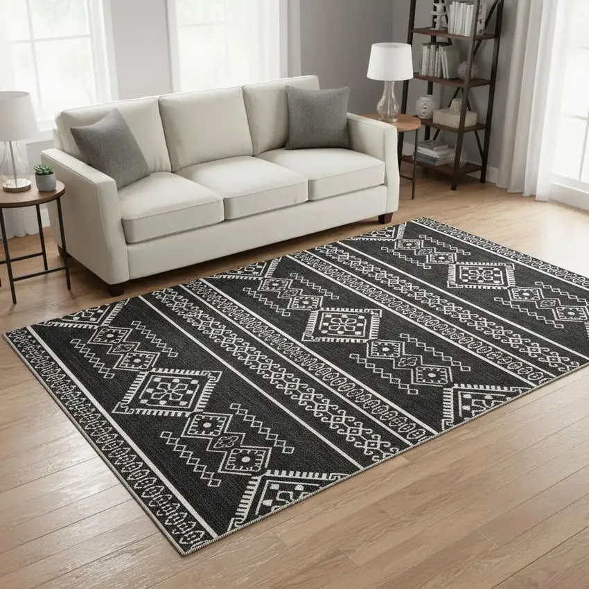 Black And Ivory Southwestern Washable Area Rug With UV Protection Photo 2