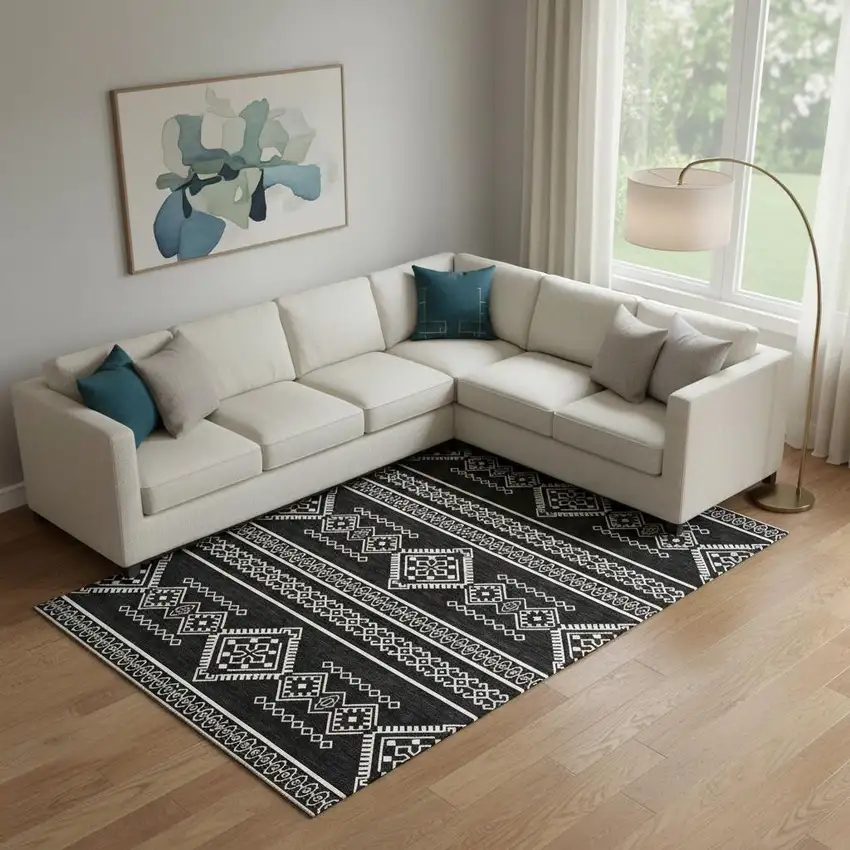 Black And Ivory Southwestern Washable Area Rug With UV Protection Photo 1