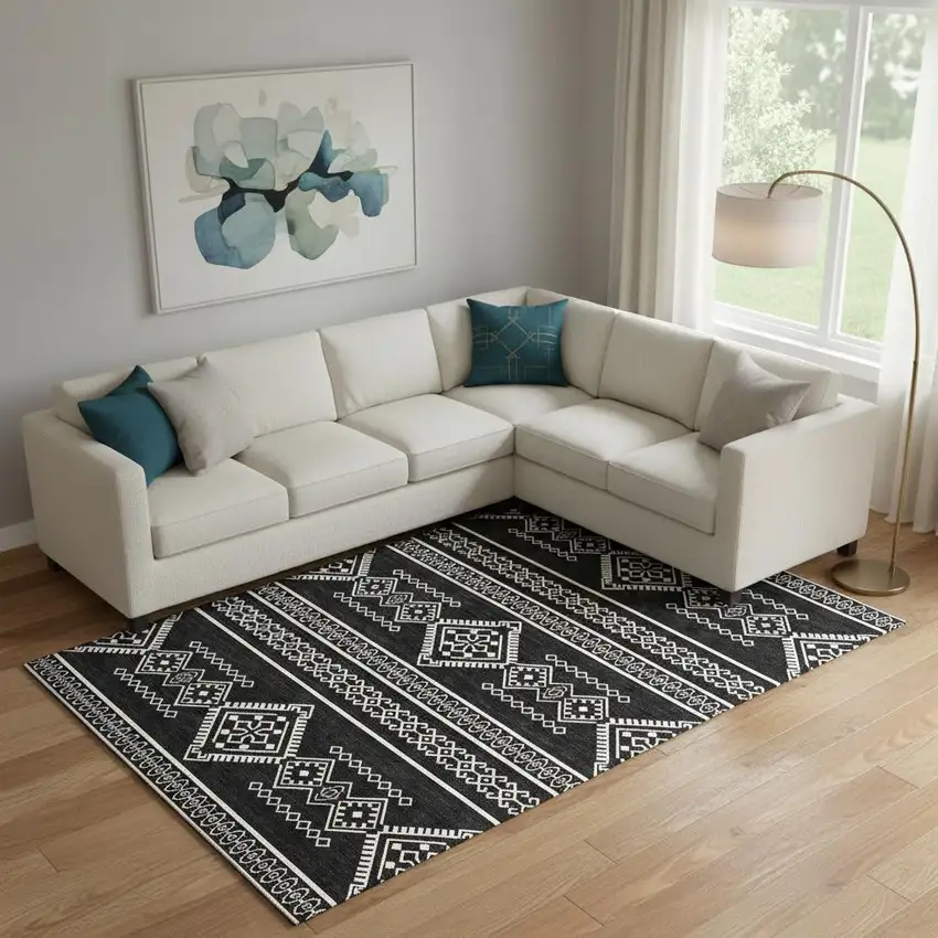 Black And Ivory Southwestern Washable Area Rug With UV Protection Photo 1