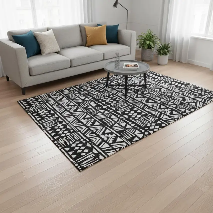 Black And Ivory Southwestern Washable Area Rug With UV Protection Photo 2